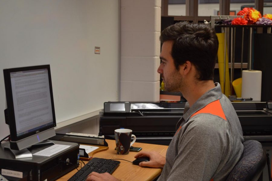 New Honors English 12, AP Literature and TV Production teacher, Matthew Koval, works diligently to plan lessons for his classes throughout the day. Koval is not completely new to RHS and Montgomery County as he was a long term English substitute teacher back in 2014-15.