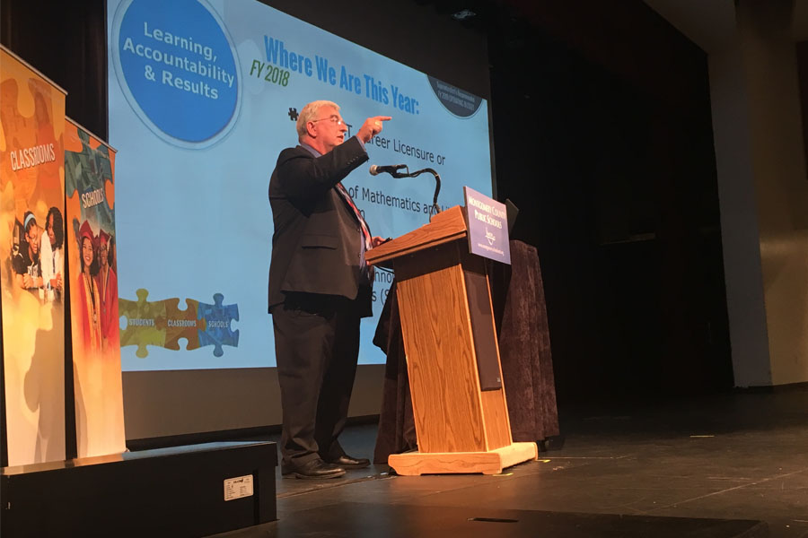 Superintendent Jack Smith presents his budget for the 2019 fiscal school year to the MCPS Community and the Board of Education Dec. 19 in the RHS auditorium.