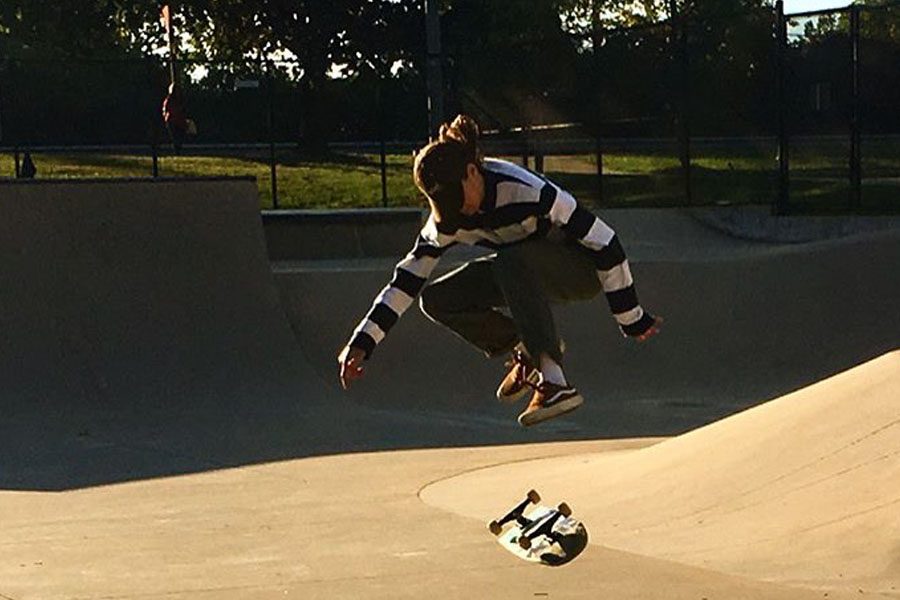 Senior Riley Hughes has been skateboarding since he was four years old, here he is at one of his favorite spots the Olney Manor Skate Park. 