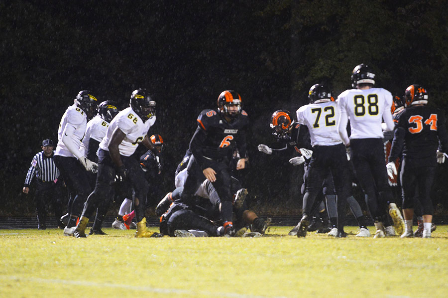 Sophomore Connor Pace (6) celebrating after the Rams make a tackle against the Richard Montgomery Rockets.
