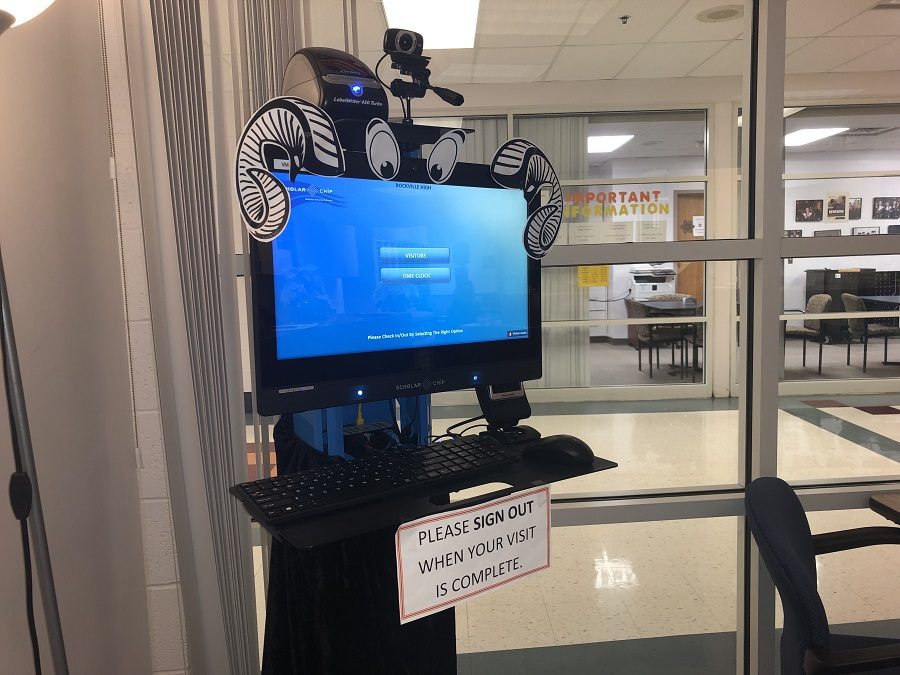 The new visitor sign-in machine located in the main office.  The machines have been installed in schools throughout the county.