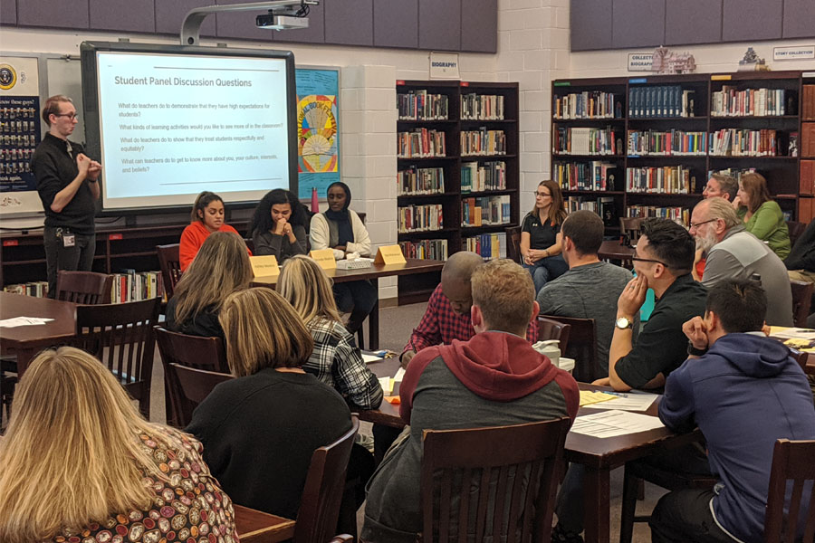 Students leaders in the Minority Scholars Program discuss questions and concerns regarding the school climate during a staff meeting Nov. 12. 