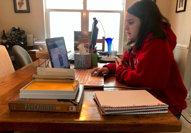 RHS Student Miranda Verity (Junior) practicing social distance learning from her home after Montgomery County schools went online.