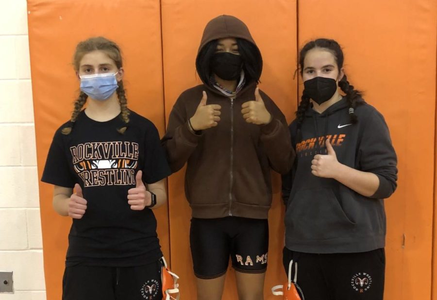 Anastasia Dakoulas (Left) Aaliyah Gorham (middle) and Kendra Wells (Right) pose after competing in Rockville’s wrestling tournament, The Rockville Rumble. 
