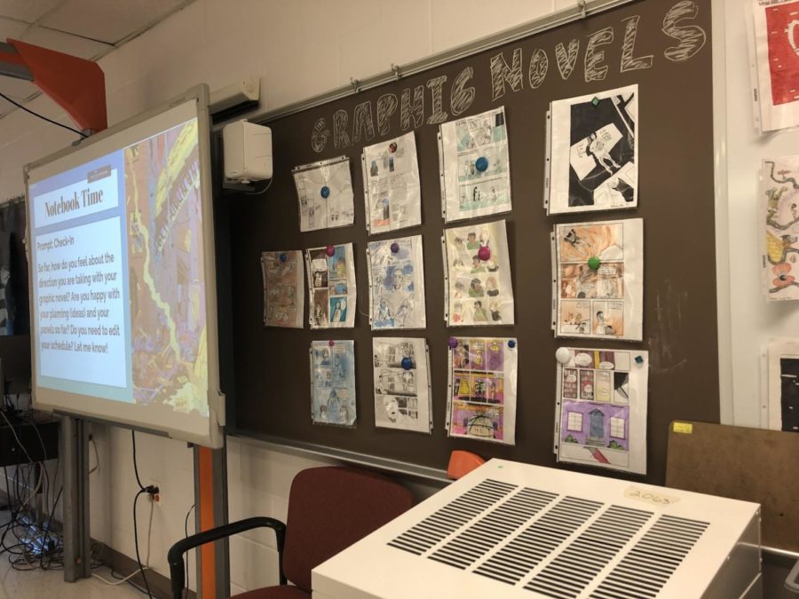 Students in Graphic Novel Literature made pages mimicking the art style of graphic novels they read