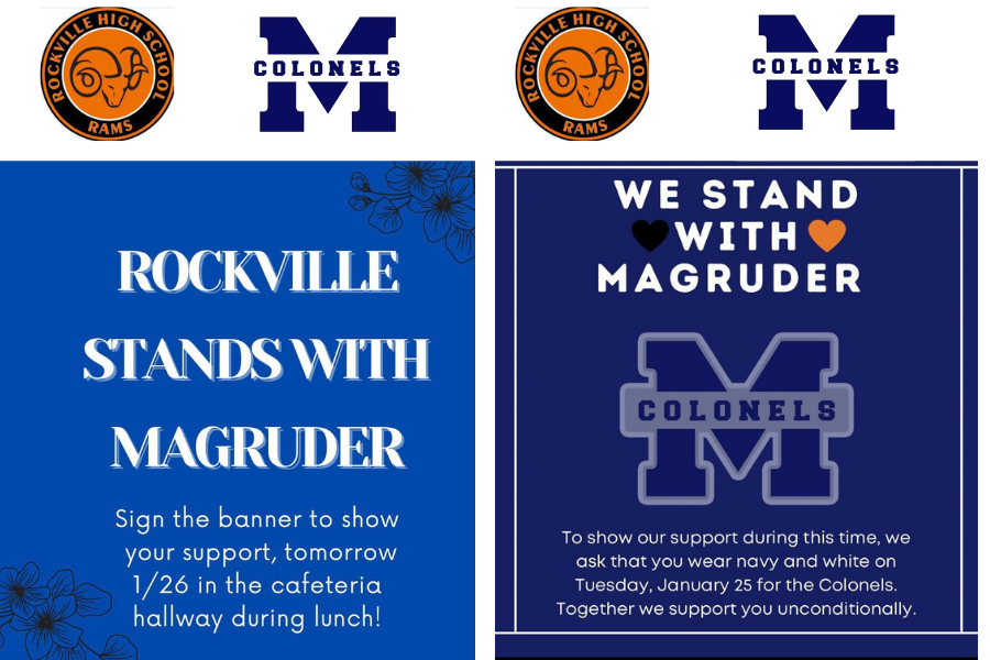 Student groups at RHS organized opportunities for students to show their support for Magruder High School, including signing a banner to be delivered and wearing blue and white in a show of solidarity. 
