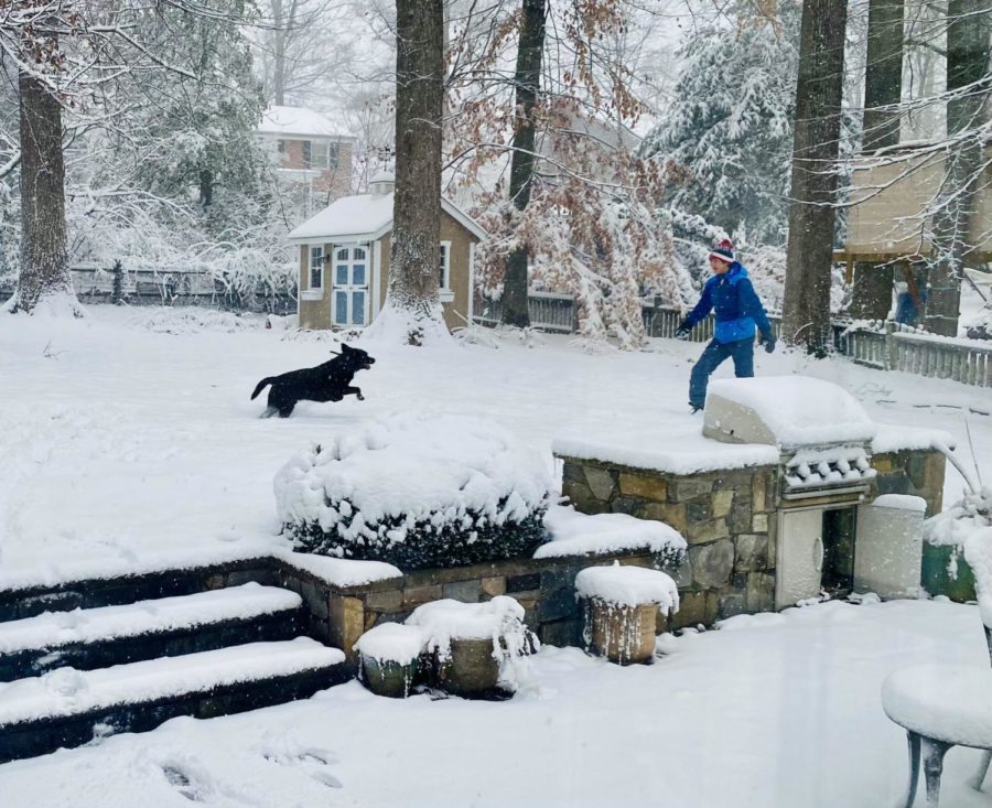 Teen playing with dog during snow storm on Jan. 3 2022