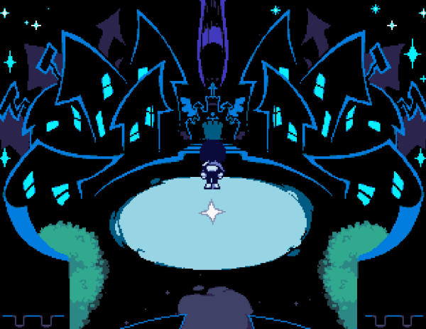 Kris, the protagonist of "Deltarune" staring ahead at an ominous castle in the distance