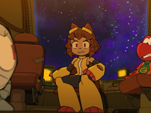 Kit and Gobbles looking back urgently at Kaboodle during the pilot episode of "Gameoverse"